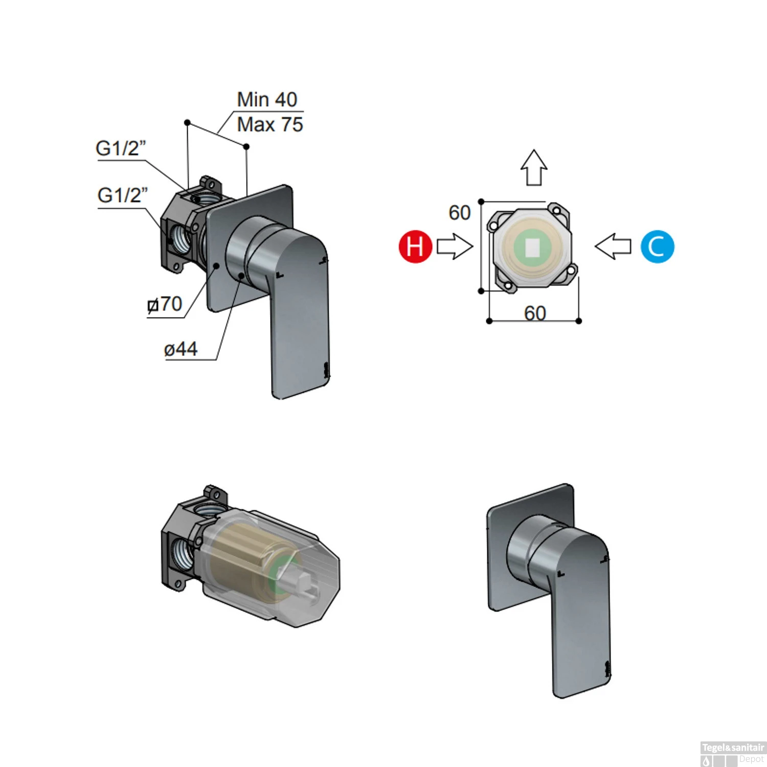 Douchekraan Inbouw Hotbath Gal Mengkraan Geborsteld Nikkel PVD (excl. Inbouwdeel) 2 Douchekraan Inbouw Hotbath Gal Mengkraan Geborsteld Nikkel PVD (excl. Inbouwdeel) - Afbeelding 2