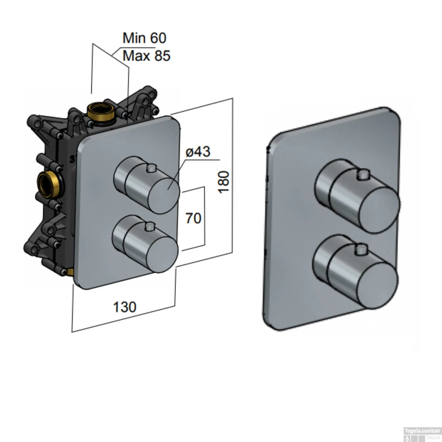Douchethermostaat Hotbath Gal Inbouw 2-weg Omstel Geborsteld Gunmetal PVD (excl. Inbouwdeel) 2 Douchethermostaat Hotbath Gal Inbouw 2-weg Omstel Geborsteld Gunmetal PVD (excl. Inbouwdeel) - Afbeelding 2